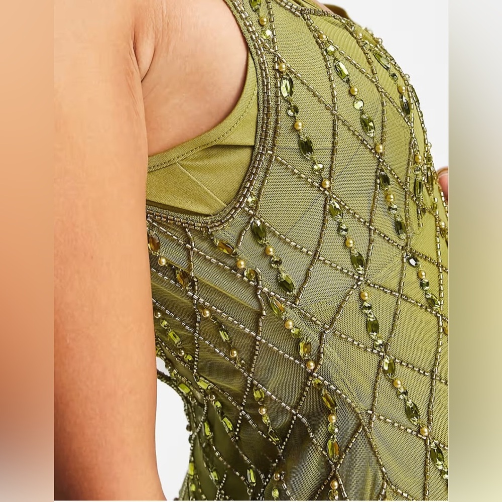 NWT ASOS All Over Embellished Sequin Beaded Maxi Slip Dress in Olive Sz 6 - Picture 4 of 5